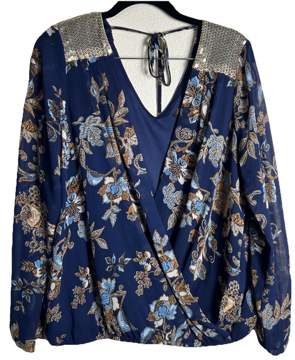 Thalia Sodi Women’s Blue Floral Sequins Faux Wrap Top Long Sleeve Medium NWT $60